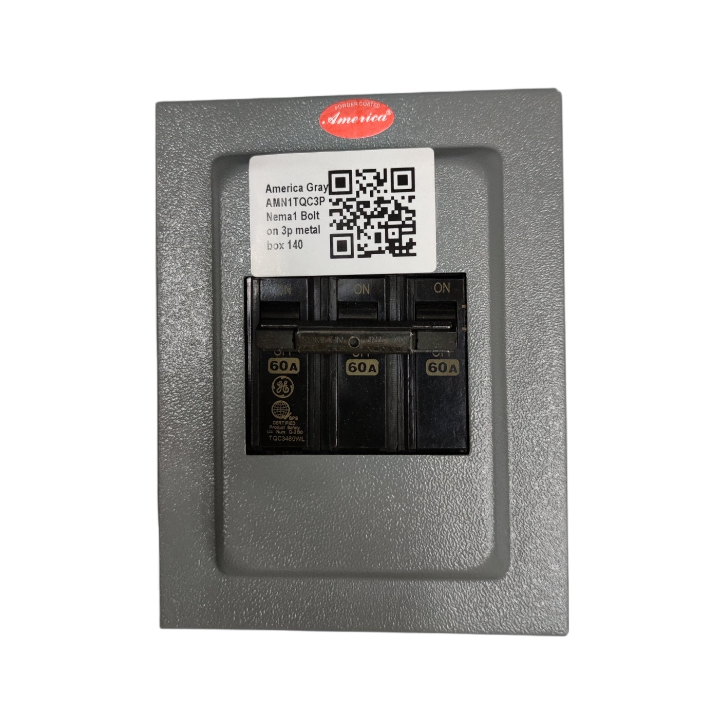 GE 3 phase circuit breaker with enclosure mounted on a gray metal box for electrical safety.