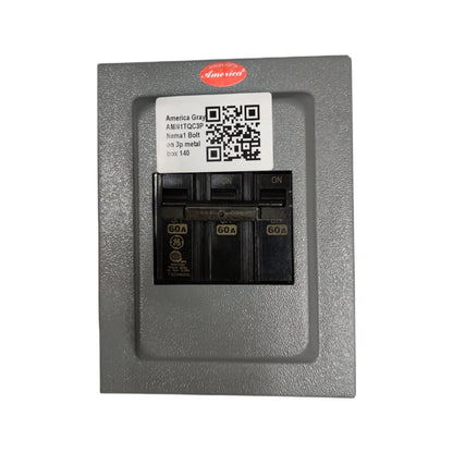 GE 3 phase circuit breaker with enclosure mounted on a gray metal box for electrical safety.