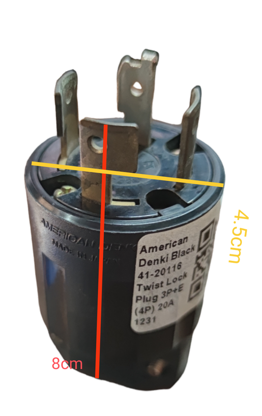 American Denki 20A twist lock plug with metal prongs and black casing for secure electrical connections