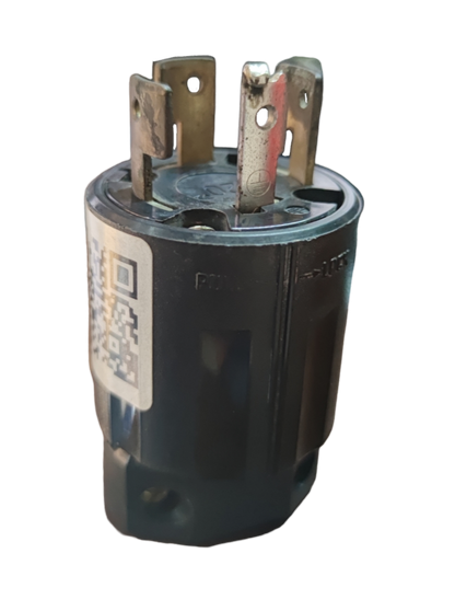 Close-up of American Denki 20A twist lock plug with metal prongs and black casing