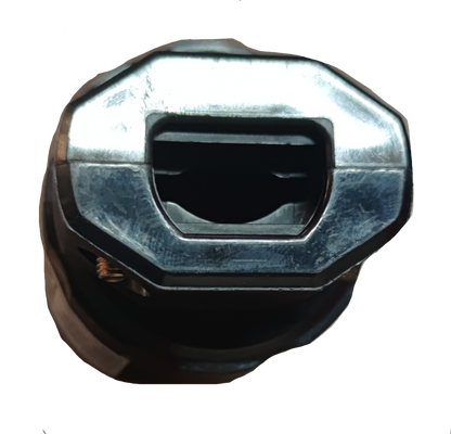 Close-up view of American Denki 20A twist lock plug metal and plastic connector end