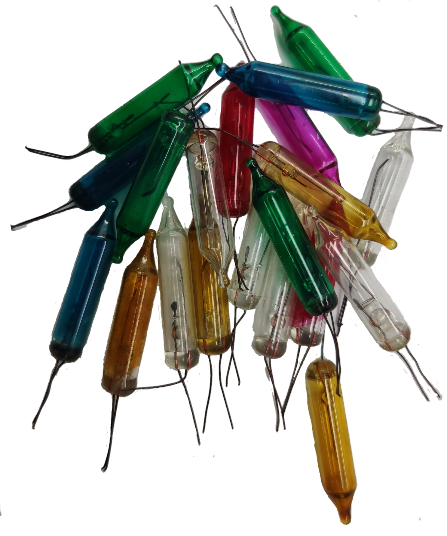 Assorted Christmas light bulbs in various colors including green, red, and yellow for festive decorations