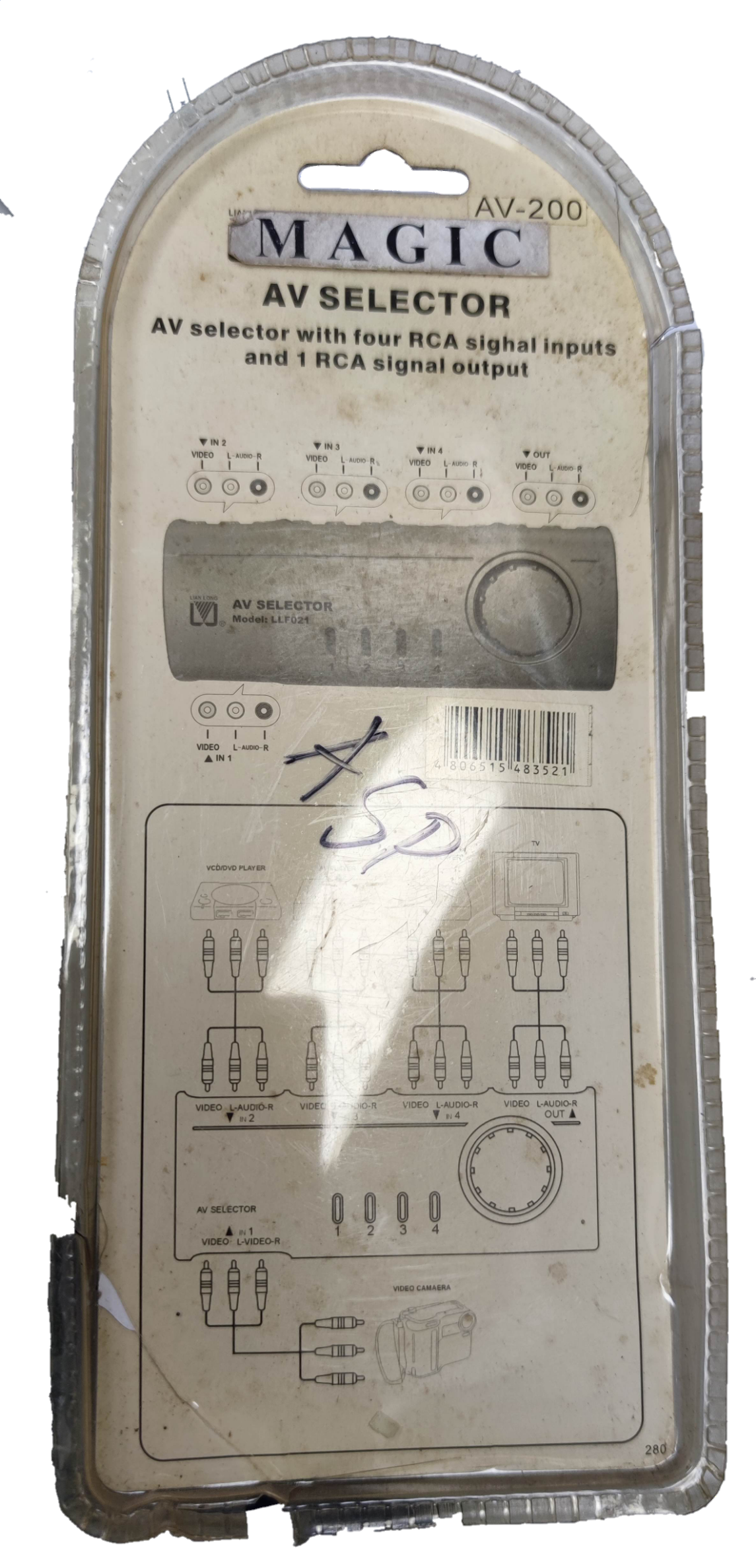 Magic AV Selector Switch with four RCA inputs and one RCA output for audio video selector switch