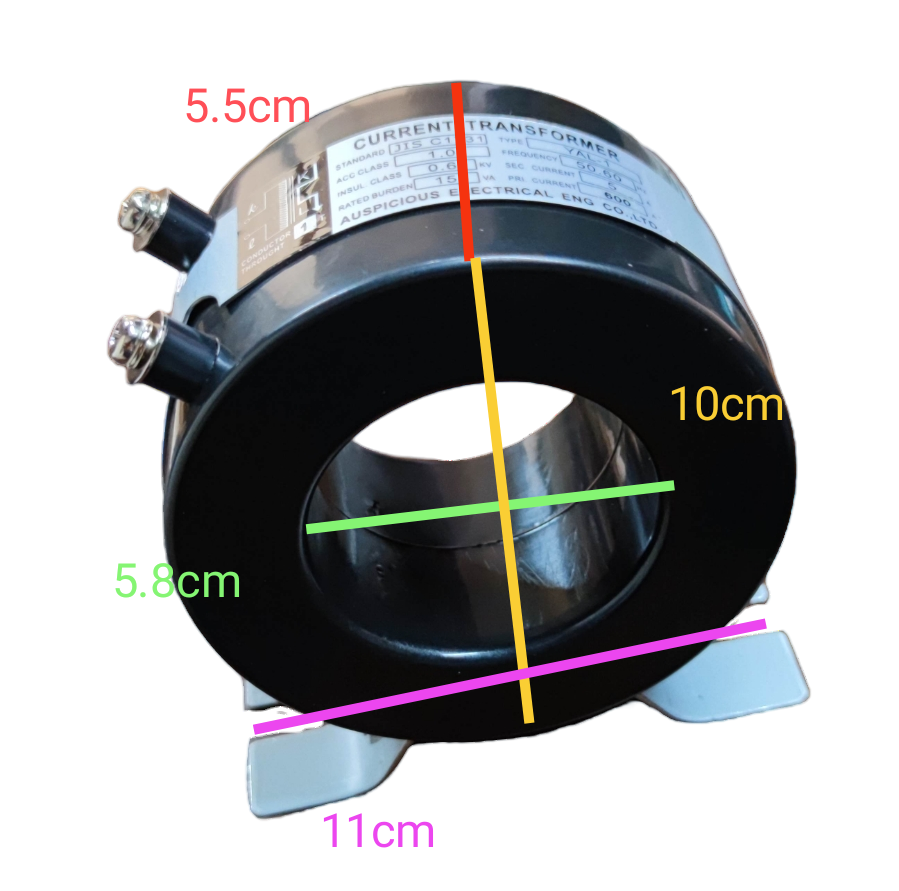 Auspicious 690V AC donut type current transformer with labeled dimensions in black casing