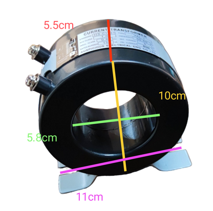 Auspicious 690V AC donut type current transformer with labeled dimensions in black casing