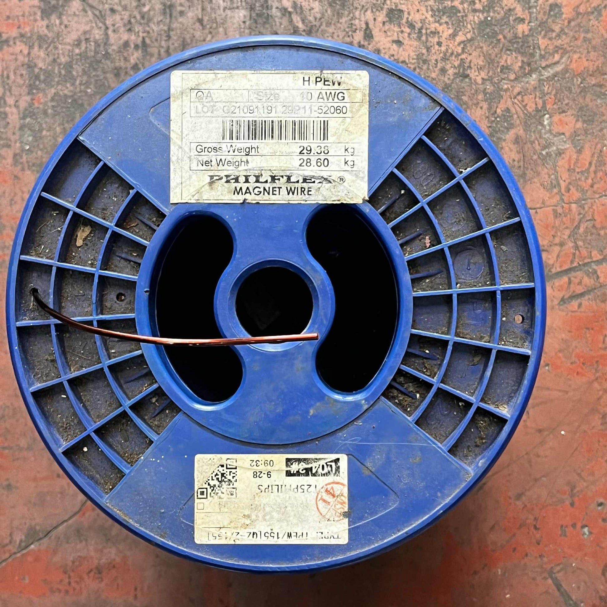 Philflex AWG 10 magnet wire for transformers on a blue spool with labels and specifications