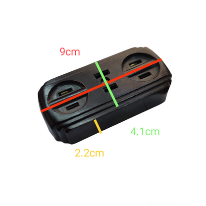 Black 10A 250V Bakelite Outlet with two sockets and compact dimensions shown