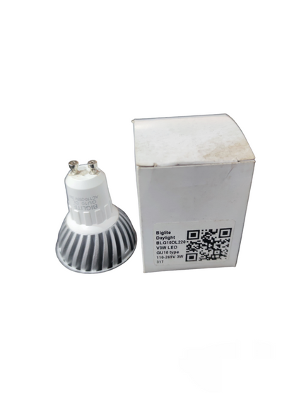 Biglite 3W LED MR16 GU10 bulb next to its white packaging box for energy-efficient lighting