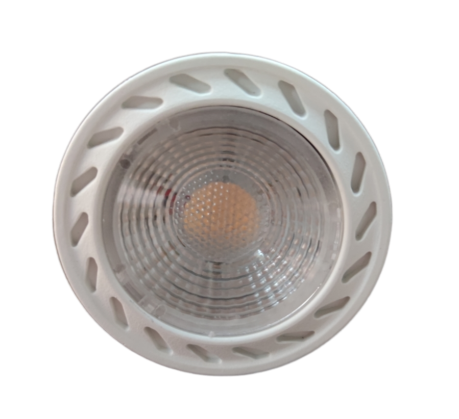 Biglite 7W MR-16 LED Bulb Warm White 3000K front view white trim with COB lens for directional lighting