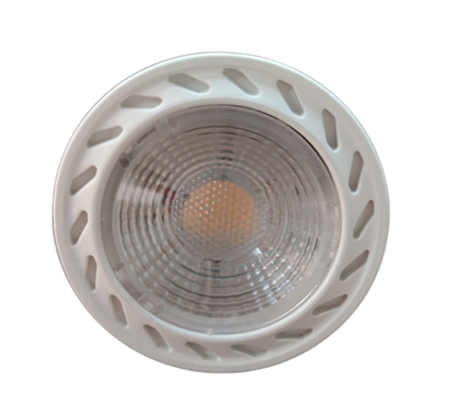 Biglite 7W MR-16 LED Bulb Warm White 3000K front view white trim with COB lens for directional lighting