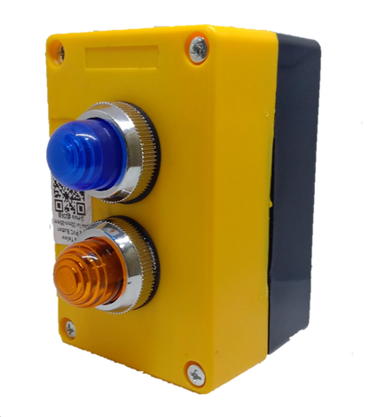 Blue and yellow pilot lamp 220V with Box featuring two illuminated indicators for work and safety applications