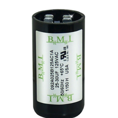 BMI 25-30 uF start capacitor 250VAC black cylindrical electrical component with metal terminals