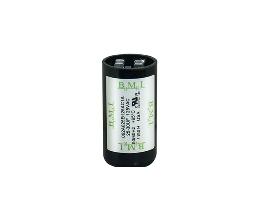 BMI 25-30 uF start capacitor 250VAC black cylindrical electrical component with label