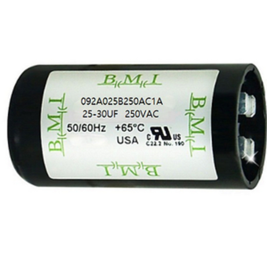 BMI 25-30 uF start capacitor 250VAC electrical circuitry part with black casing and specifications label