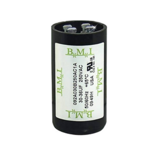 BMI 30-36 microfarad motor start capacitor in black cylindrical casing for electrical circuitry
