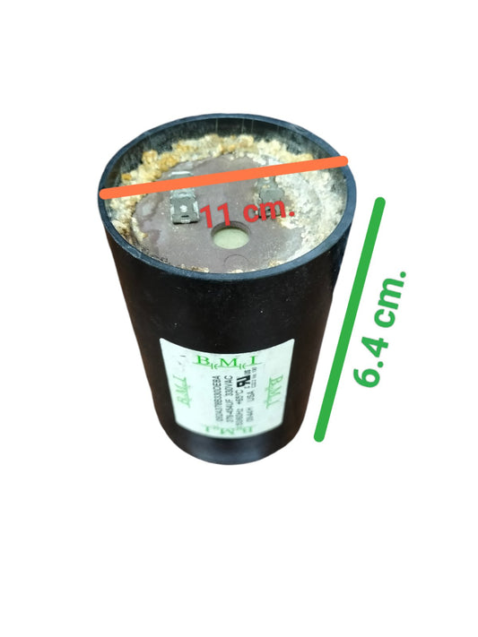 BMI 378-454UF starting capacitor black cylindrical electrical component with dimensions 11 cm by 6.4 cm
