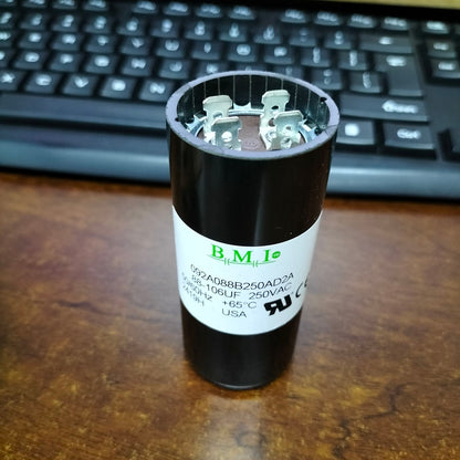 BMI 88-106MFD 250V AC capacitor with a cylindrical design for electrical circuitry applications
