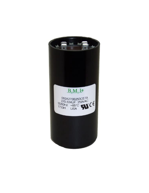BMI capacitor 250VAC for electric motors in black cylindrical design with labeled specifications