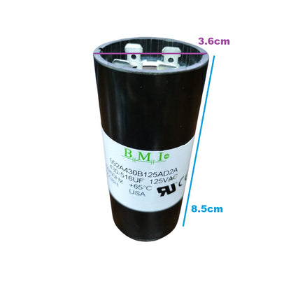 BMI motor start capacitor 125V AC 430-516UF shown in black cylindrical casing with size markings