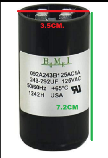 BMI motor start capacitor 243-292UF rated for 125VAC with dimensions for electrical applications