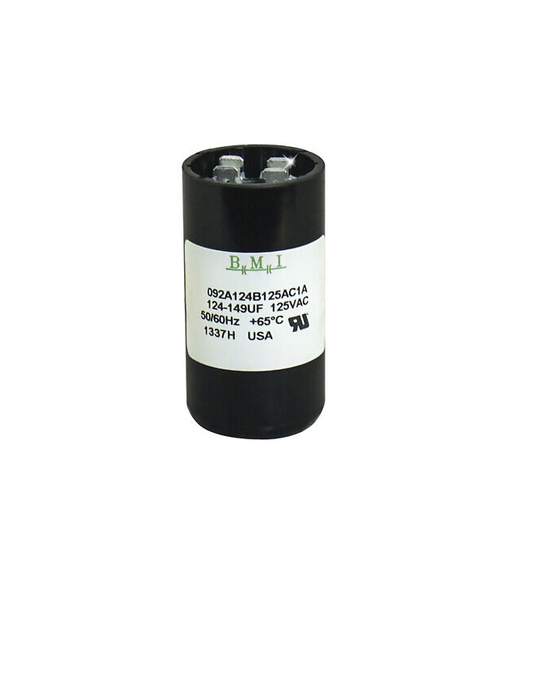 BMI Motor starting Capacitor 124-149 uf black cylindrical electrical part with label