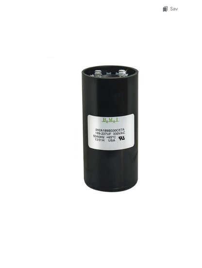 BMI motor starting capacitor 189-227 UF electrical circuitry component in black cylindrical casing