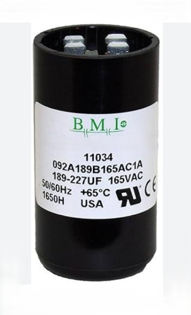 BMI motor starting capacitor 189-227 UF black cylindrical electrical component with white label
