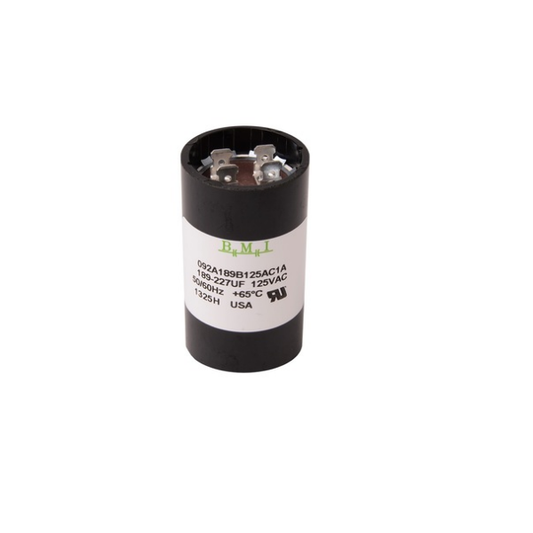 BMI motor starting capacitor 189-227 UF cylindrical black electrical component with metal terminals