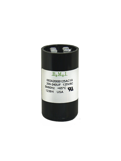 BMI Motor Starting Capacitor 200-240uf black cylindrical electrical component with label