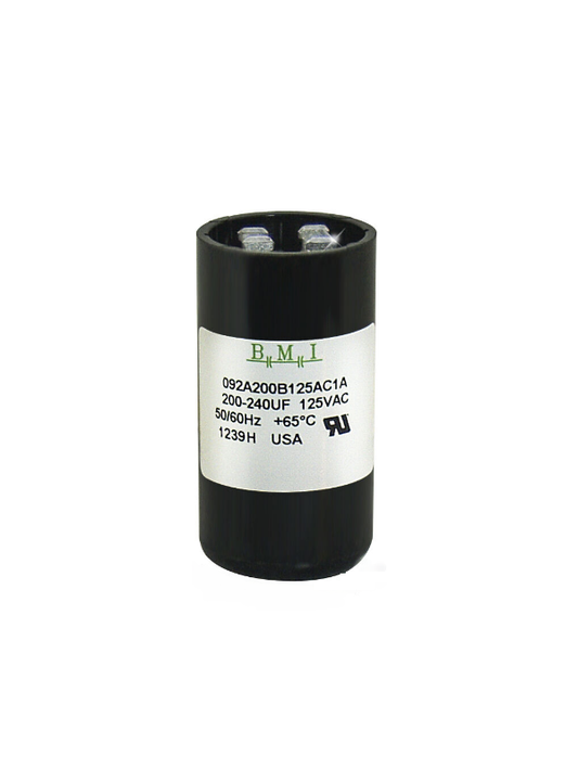 BMI Motor Starting Capacitor 200-240uf black cylindrical electrical component with label