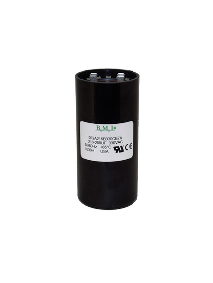 BMI Motor Starting Capacitor 216-259 UF black cylindrical electrical component with label and terminals