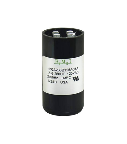BMI motor starting capacitor 233-280 uf black cylindrical electrical part with metal terminals