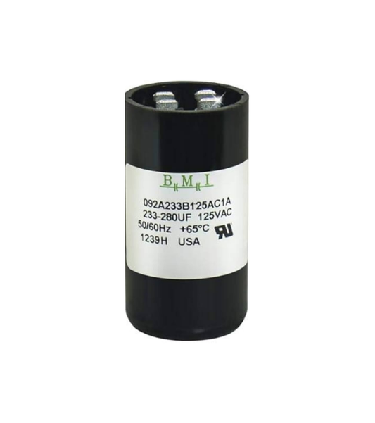 BMI motor starting capacitor 233-280 uf black cylindrical electrical part with metal terminals