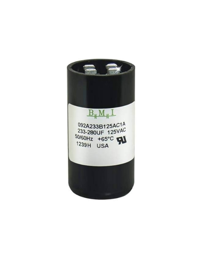 BMI motor starting capacitor 233-280 uf electrical component with black cylindrical body and two metal terminals