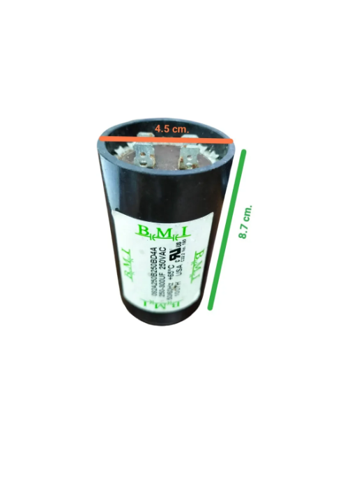 BMI motor starting capacitor 250-300 uf with 4.5 cm diameter and 8.7 cm height in black casing