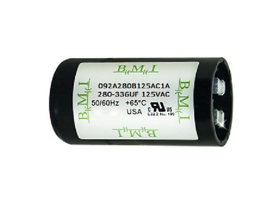 BMI motor starting capacitor 280-336 UF cylindrical electrical component with voltage and temperature ratings
