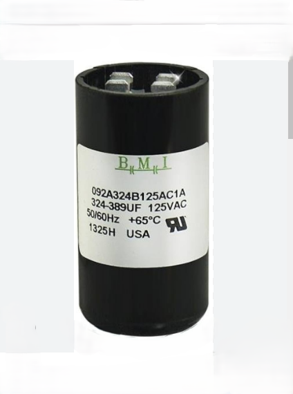 BMI Motor Starting Capacitor 324-389 UF black cylindrical electrical component with label