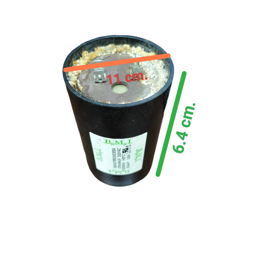 BMI Motor Starting Capacitor 378-454 UF black cylindrical electrical part with dimensions 11 cm by 6.4 cm