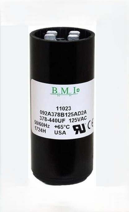 BMI Motor Starting Capacitor 378-454 UF black cylindrical electrical component with label