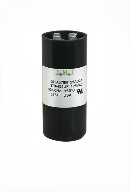 BMI motor starting capacitor 378-454 UF black cylindrical electrical component with label