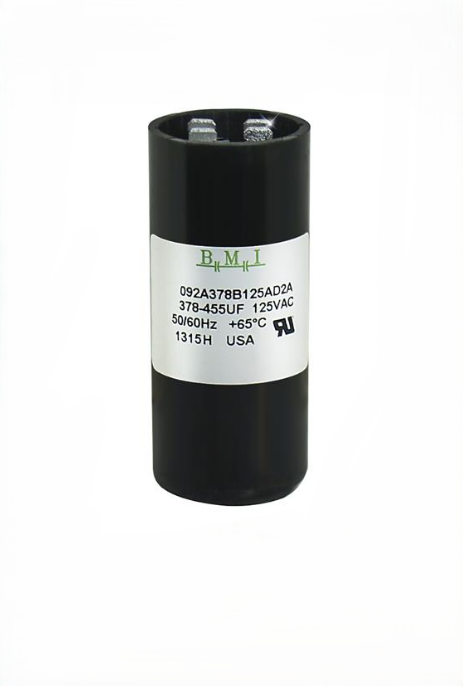 BMI motor starting capacitor 378-454 UF black cylindrical electrical component with label