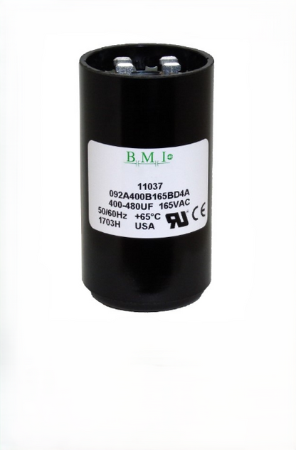 BMI motor starting capacitor 400-480 uf black cylindrical electrical component with label