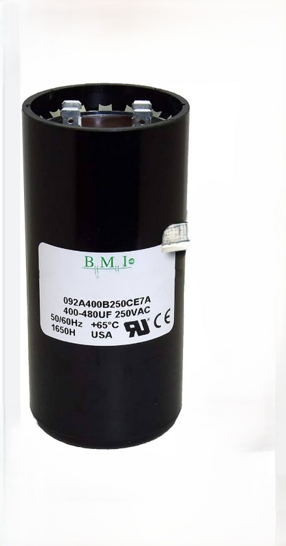 BMI Motor Starting Capacitor 400-480 uf 250VAC black cylindrical electrical component