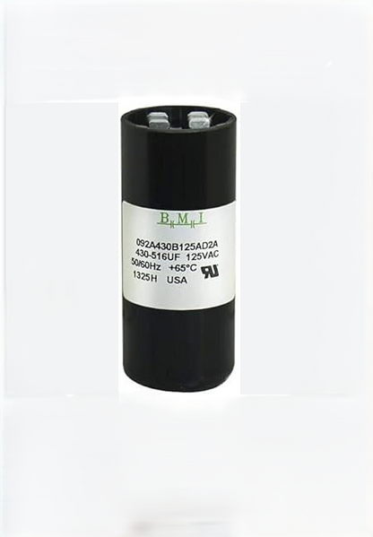 BMI Motor Starting Capacitor 430-516 UF black cylindrical electrical component with metal terminals