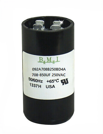 BMI motor starting capacitor 708-850 uf black cylindrical electrical component with metal terminals