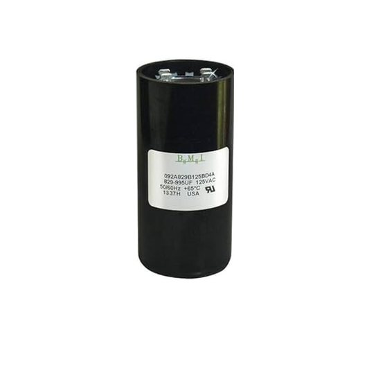 BMI 829-995 UF 125V capacitor for motors in black cylindrical electrical circuitry part