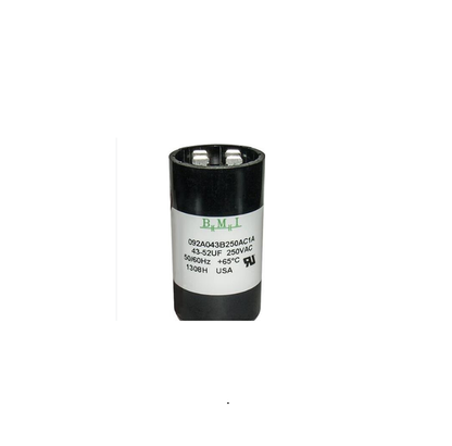 BMI motor starting capacitor 43-52 uf with 250VAC rating and black cylindrical design