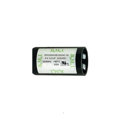 BMI motor starting capacitor 43-52 uf black cylindrical electrical part with voltage and frequency ratings