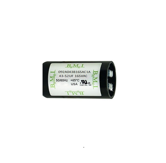 BMI motor starting capacitor 43-52 uf black cylindrical electrical part with voltage and frequency ratings