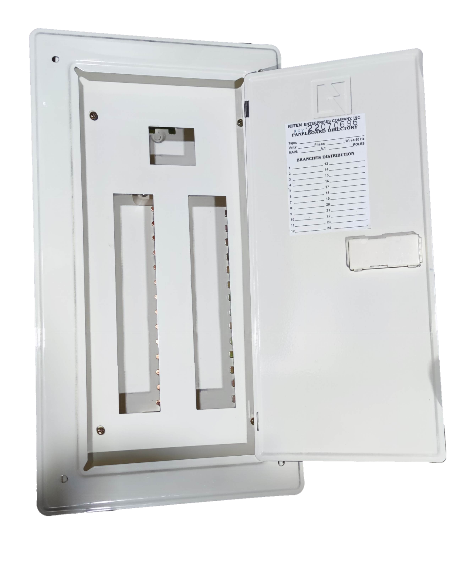 Chint and Koten 14 branch circuit breaker panel with a white open metal cover and labeling area